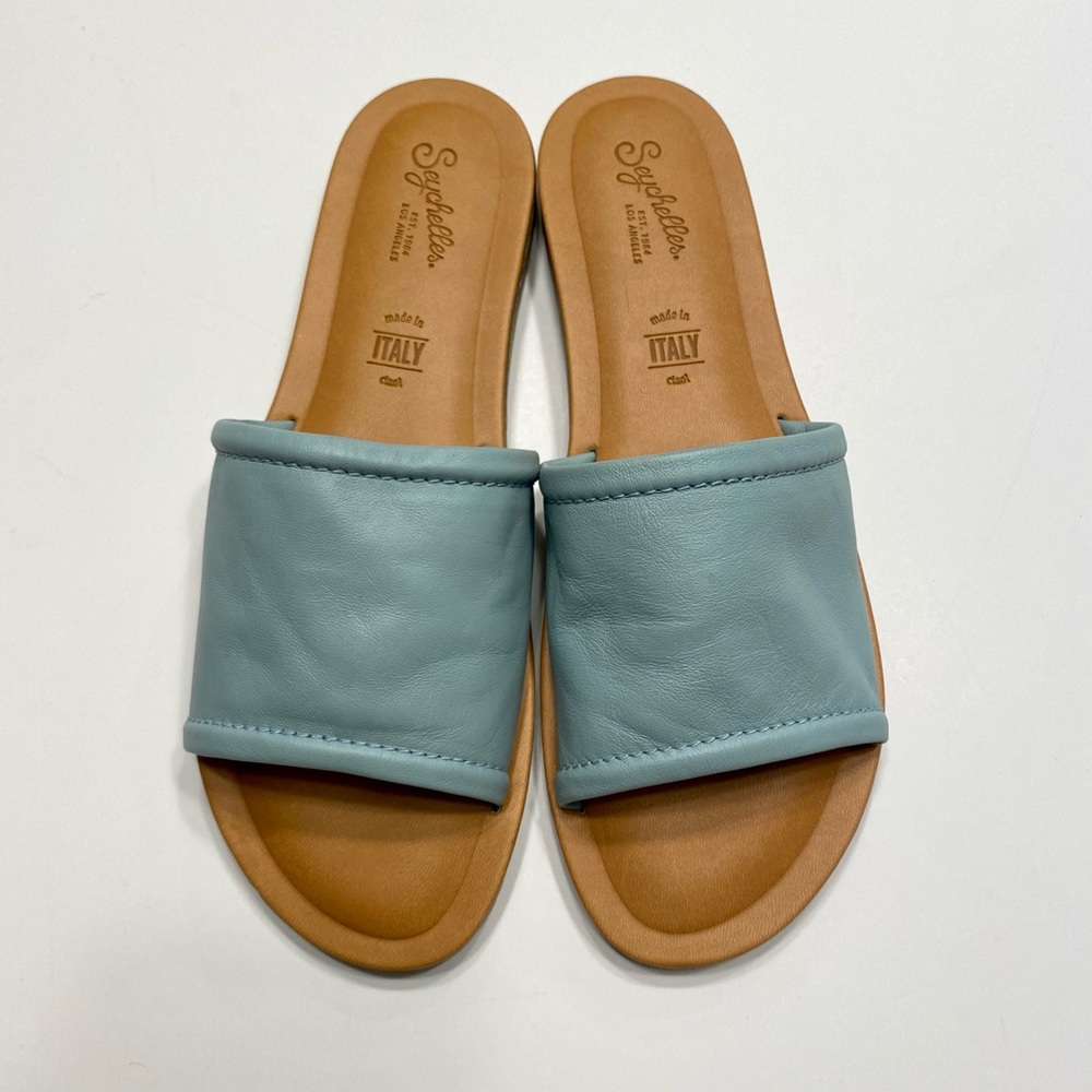 EUC Seychelles Way of Life Light Blue Leather Slide Sandal, Size 10